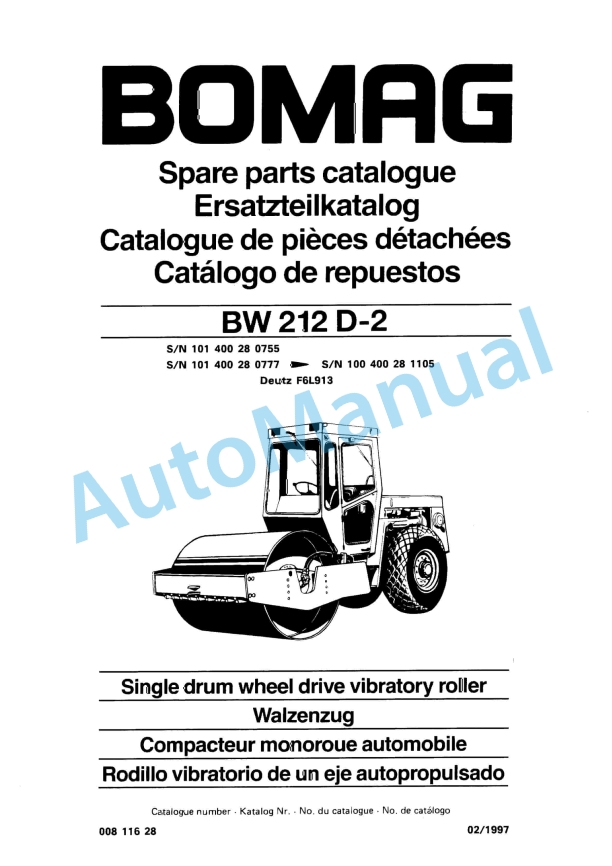 Bomag BW 212 D-2 Single Drum Wheel Drive Vibratory Roller Spare Parts Catalogue 00811628 1 Bomag BW 212 D-2 Single Drum Wheel Drive Vibratory Roller Spare Parts Catalogue 00811628