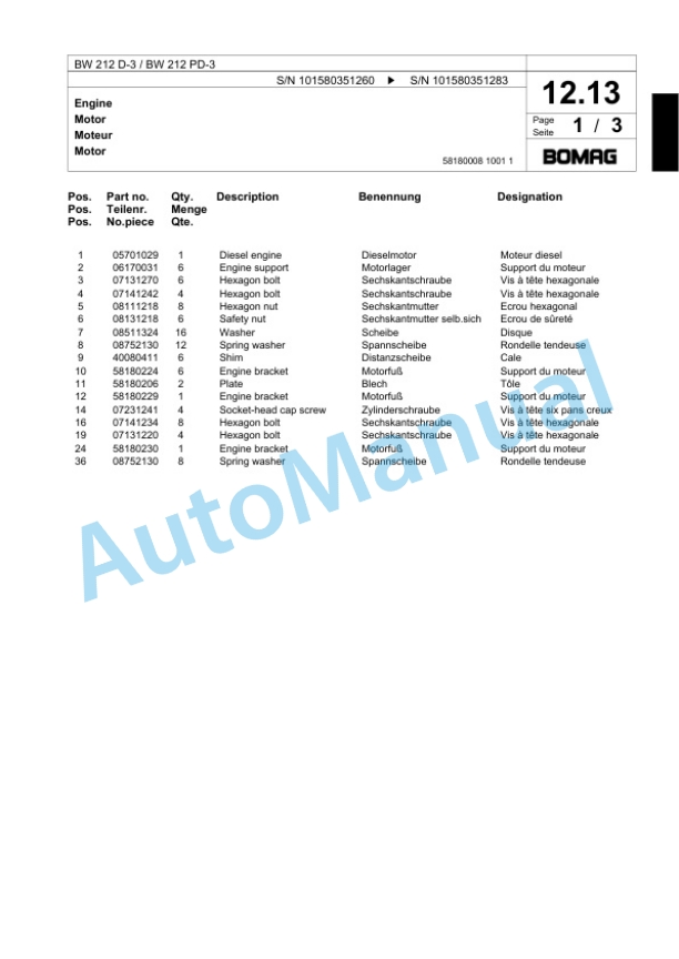 Bomag BW 212 D-3, BW 212 PD-3 Single Drum Wheel Drive Vibratory Roller Spare Parts Catalogue 00817521 2 Bomag BW 212 D-3, BW 212 PD-3 Single Drum Wheel Drive Vibratory Roller Spare Parts Catalogue 00817521-2