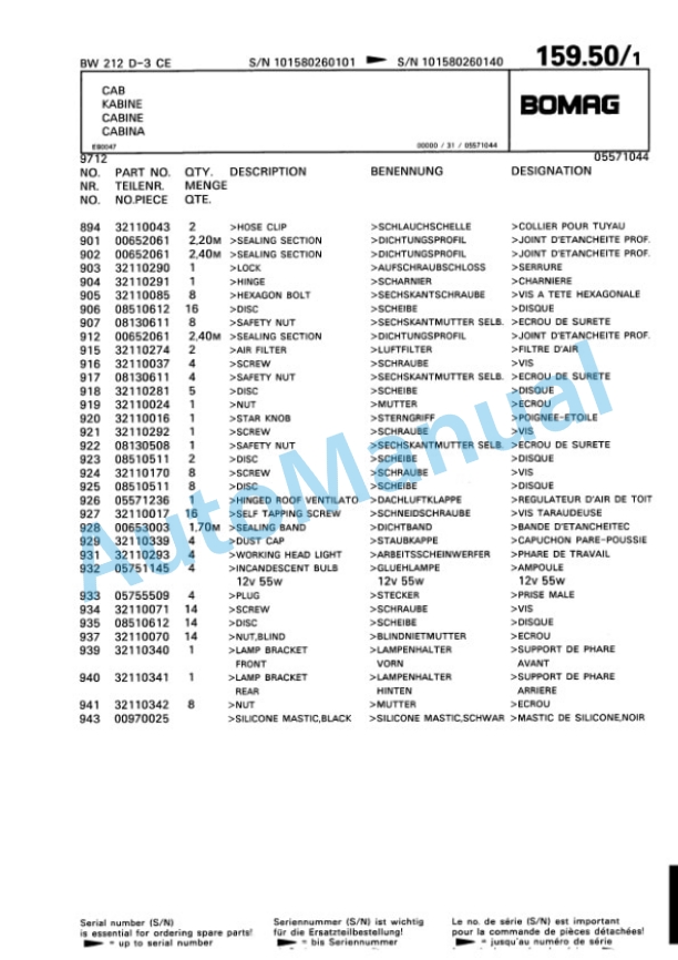 Bomag BW 212 D-3 Single Drum Wheel Drive Vibratory Roller Spare Parts Catalogue 00815326 4 Bomag BW 212 D-3 Single Drum Wheel Drive Vibratory Roller Spare Parts Catalogue 00815326-4