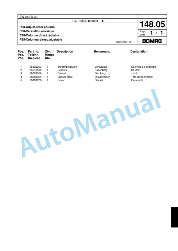 Bomag BW 212 D-30 Single Drum Wheel Drive Vibratory Roller Spare Parts Catalogue 00817907 4 Bomag BW 212 D-30 Single Drum Wheel Drive Vibratory Roller Spare Parts Catalogue 00817907-4