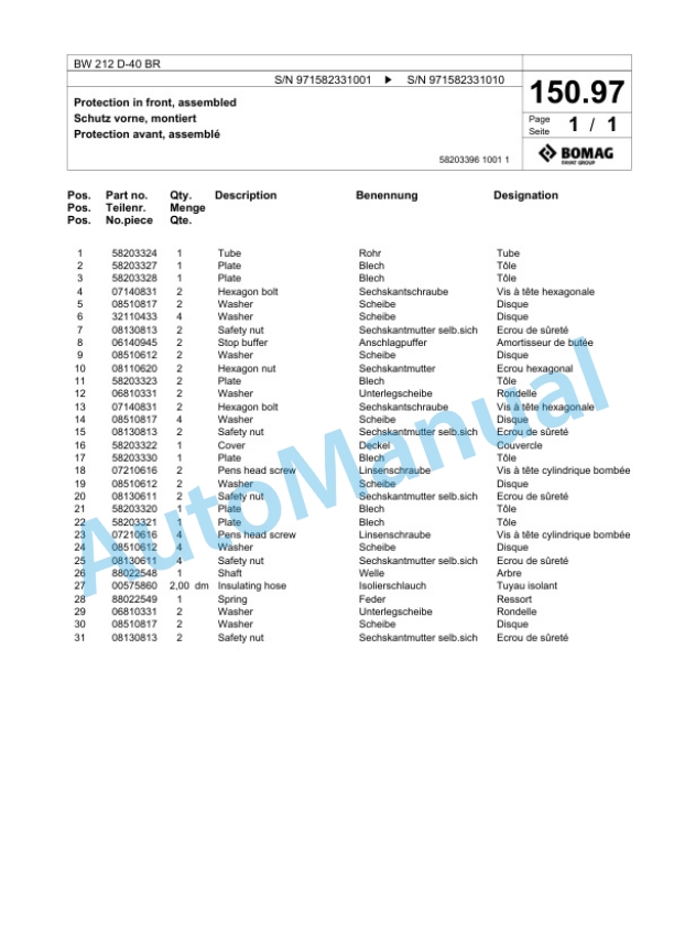 Bomag BW 212 D-40 BR Single Drum Wheel Drive Vibratory Roller Spare Parts Catalogue 00824785 5 Bomag BW 212 D-40 BR Single Drum Wheel Drive Vibratory Roller Spare Parts Catalogue 00824785-5