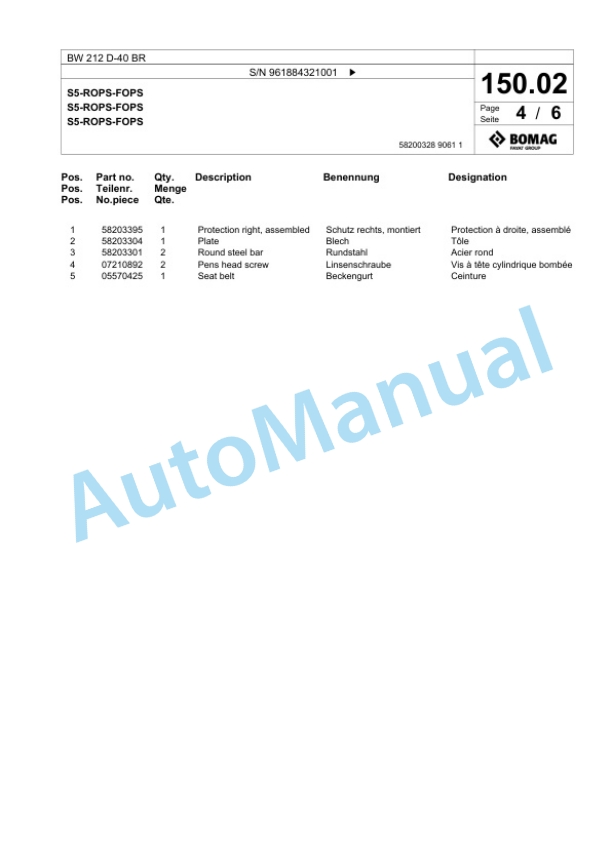 Bomag BW 212 D-40 BR Single Drum Wheel Drive Vibratory Roller Spare Parts Catalogue 00826607 4 Bomag BW 212 D-40 BR Single Drum Wheel Drive Vibratory Roller Spare Parts Catalogue 00826607-4