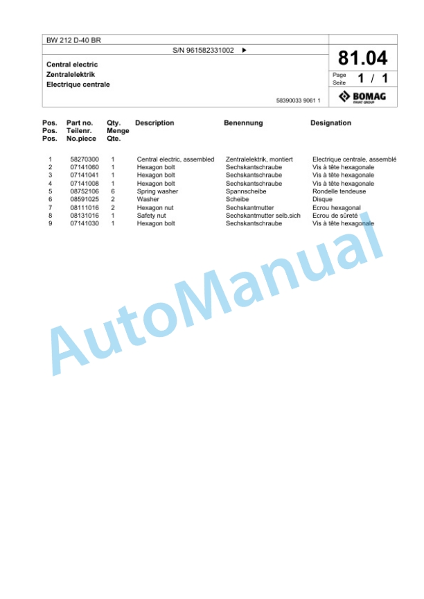 Bomag BW 212 D-40 BR Single Drum Wheel Drive Vibratory Roller Spare Parts Catalogue 00826899 2 Bomag BW 212 D-40 BR Single Drum Wheel Drive Vibratory Roller Spare Parts Catalogue 00826899-2