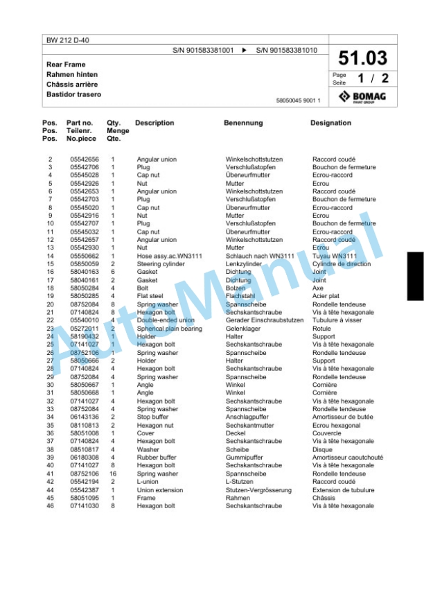 Bomag BW 212 D-40 Single Drum Wheel Drive Vibratory Roller Spare Parts Catalogue 00818587 3 Bomag BW 212 D-40 Single Drum Wheel Drive Vibratory Roller Spare Parts Catalogue 00818587-3