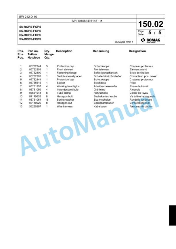 Bomag BW 212 D-40 Single Drum Wheel Drive Vibratory Roller Spare Parts Catalogue 00818881 3 Bomag BW 212 D-40 Single Drum Wheel Drive Vibratory Roller Spare Parts Catalogue 00818881-3