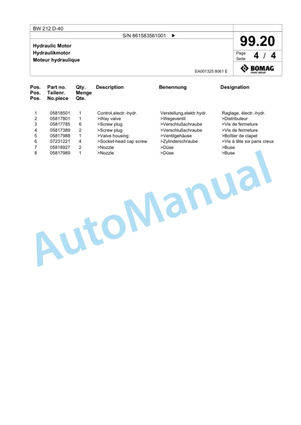 Bomag BW 212 D-40 Single Drum Wheel Drive Vibratory Roller Spare Parts Catalogue 00824279 3 Bomag BW 212 D-40 Single Drum Wheel Drive Vibratory Roller Spare Parts Catalogue 00824279-3
