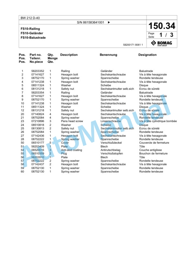 Bomag BW 212 D-40 Single Drum Wheel Drive Vibratory Roller Spare Parts Catalogue 00825255 3 Bomag BW 212 D-40 Single Drum Wheel Drive Vibratory Roller Spare Parts Catalogue 00825255-3
