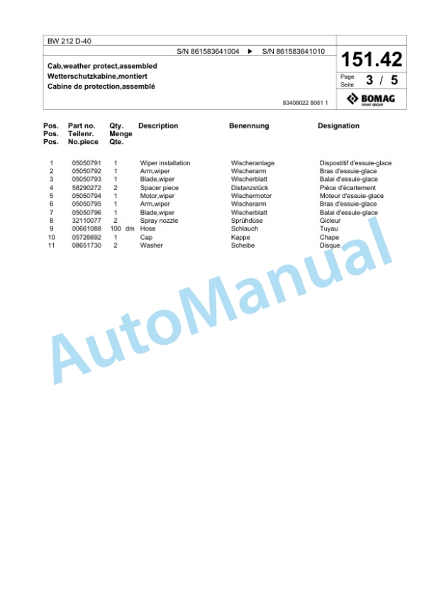 Bomag BW 212 D-40 Single Drum Wheel Drive Vibratory Roller Spare Parts Catalogue 00825255 4 Bomag BW 212 D-40 Single Drum Wheel Drive Vibratory Roller Spare Parts Catalogue 00825255-4
