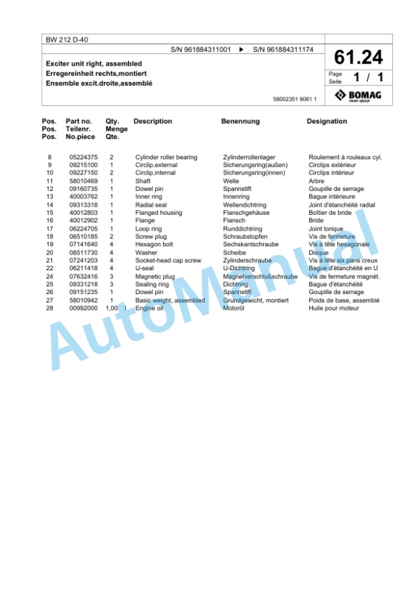 Bomag BW 212 D-40 Single Drum Wheel Drive Vibratory Roller Spare Parts Catalogue 00825957 2 Bomag BW 212 D-40 Single Drum Wheel Drive Vibratory Roller Spare Parts Catalogue 00825957-2