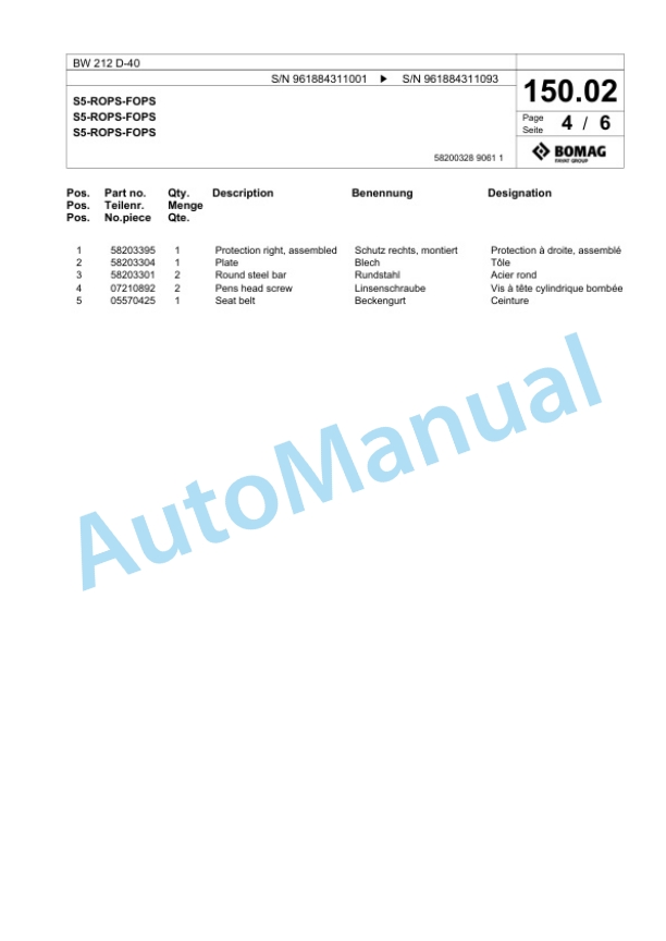 Bomag BW 212 D-40 Single Drum Wheel Drive Vibratory Roller Spare Parts Catalogue 00825957 3 Bomag BW 212 D-40 Single Drum Wheel Drive Vibratory Roller Spare Parts Catalogue 00825957-3