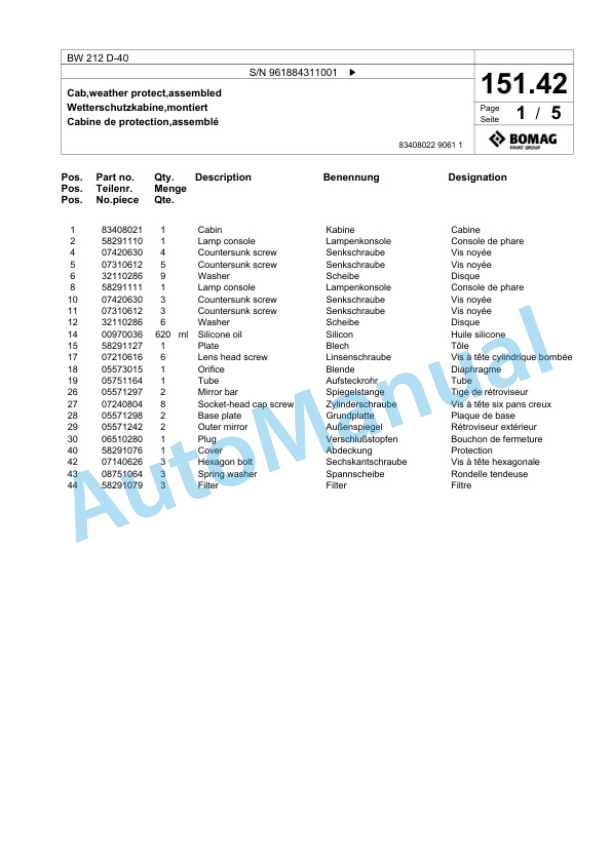 Bomag BW 212 D-40 Single Drum Wheel Drive Vibratory Roller Spare Parts Catalogue 00825957 4 Bomag BW 212 D-40 Single Drum Wheel Drive Vibratory Roller Spare Parts Catalogue 00825957-4