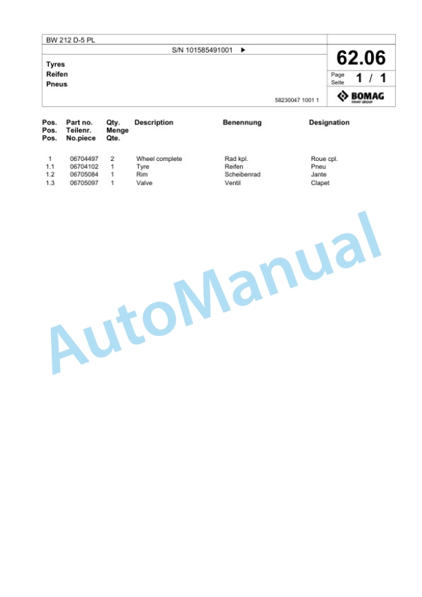 Bomag BW 212 D-5 PL Single Drum Wheel Drive Vibratory Roller Spare Parts Catalogue 00827257 2 Bomag BW 212 D-5 PL Single Drum Wheel Drive Vibratory Roller Spare Parts Catalogue 00827257-2