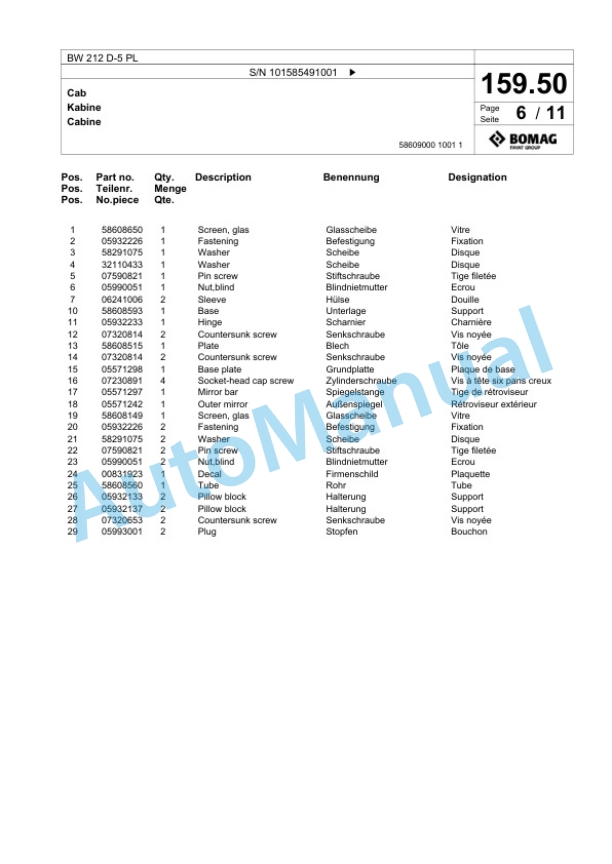 Bomag BW 212 D-5 PL Single Drum Wheel Drive Vibratory Roller Spare Parts Catalogue 00827257 5 Bomag BW 212 D-5 PL Single Drum Wheel Drive Vibratory Roller Spare Parts Catalogue 00827257-5