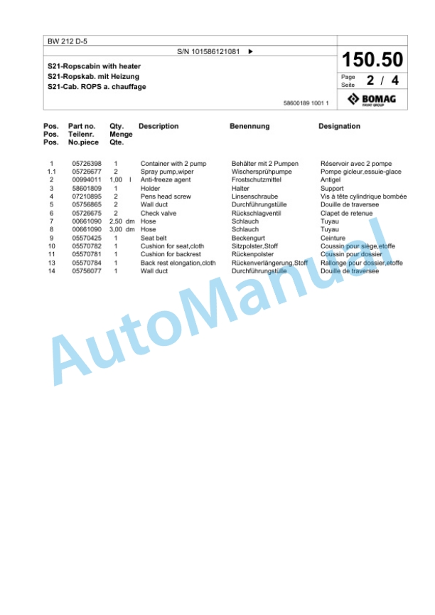 Bomag BW 212 D-5 Single Drum Wheel Drive Vibratory Roller Spare Parts Catalogue 00824811 4 Bomag BW 212 D-5 Single Drum Wheel Drive Vibratory Roller Spare Parts Catalogue 00824811-4