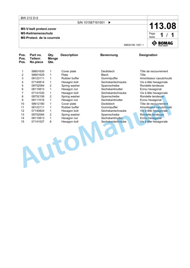 Bomag BW 212 D-5 Single Drum Wheel Drive Vibratory Roller Spare Parts Catalogue 00826065 3 Bomag BW 212 D-5 Single Drum Wheel Drive Vibratory Roller Spare Parts Catalogue 00826065-3