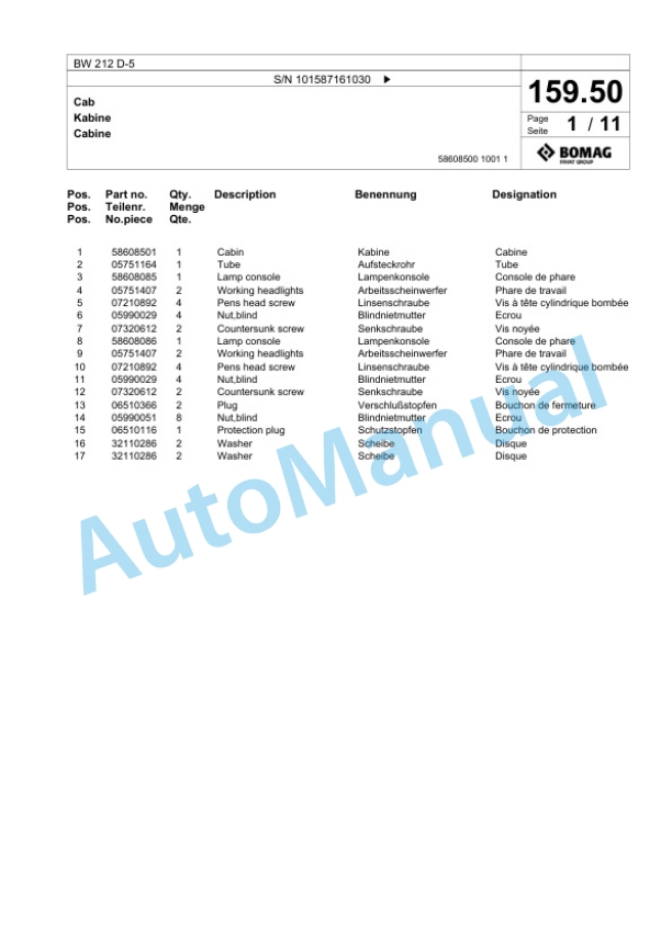 Bomag BW 212 D-5 Single Drum Wheel Drive Vibratory Roller Spare Parts Catalogue 00826065 5 Bomag BW 212 D-5 Single Drum Wheel Drive Vibratory Roller Spare Parts Catalogue 00826065-5