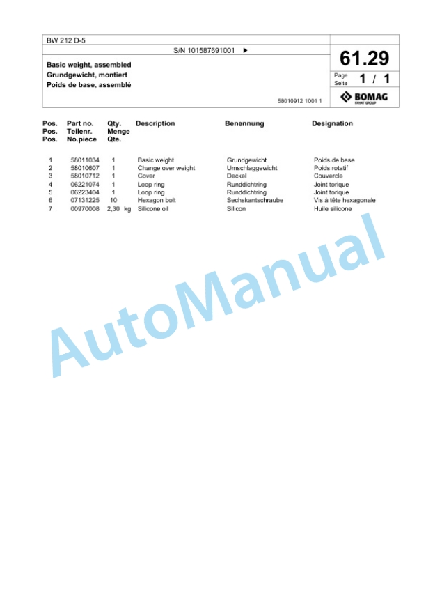 Bomag BW 212 D-5 Single Drum Wheel Drive Vibratory Roller Spare Parts Catalogue 00826565 2 Bomag BW 212 D-5 Single Drum Wheel Drive Vibratory Roller Spare Parts Catalogue 00826565-2