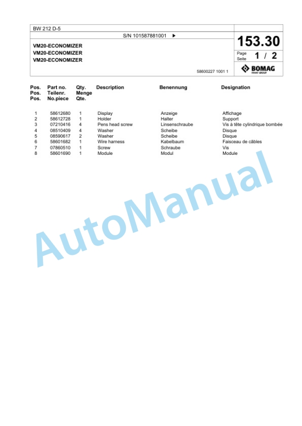 Bomag BW 212 D-5 Single Drum Wheel Drive Vibratory Roller Spare Parts Catalogue 00826939 4 Bomag BW 212 D-5 Single Drum Wheel Drive Vibratory Roller Spare Parts Catalogue 00826939-4