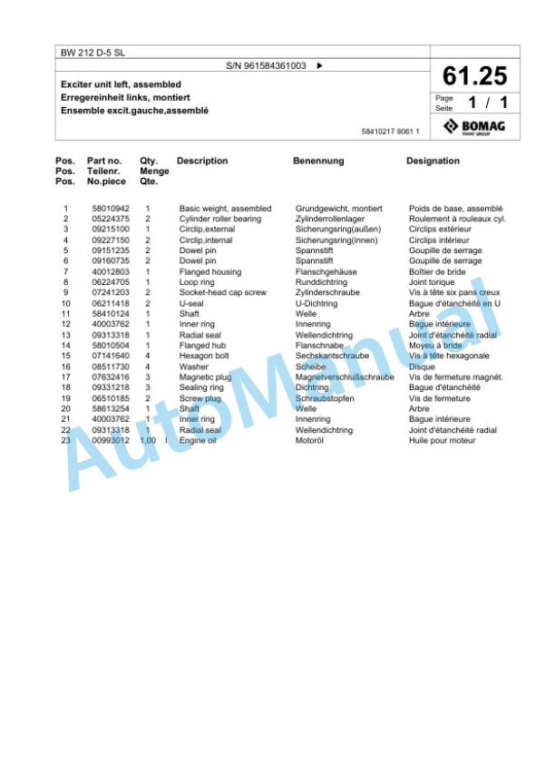 Bomag BW 212 D-5 SL Single Drum Wheel Drive Vibratory Roller Spare Parts Catalogue 00826707 2 Bomag BW 212 D-5 SL Single Drum Wheel Drive Vibratory Roller Spare Parts Catalogue 00826707-2