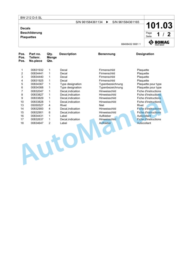 Bomag BW 212 D-5 SL Single Drum Wheel Drive Vibratory Roller Spare Parts Catalogue 00826707 3 Bomag BW 212 D-5 SL Single Drum Wheel Drive Vibratory Roller Spare Parts Catalogue 00826707-3