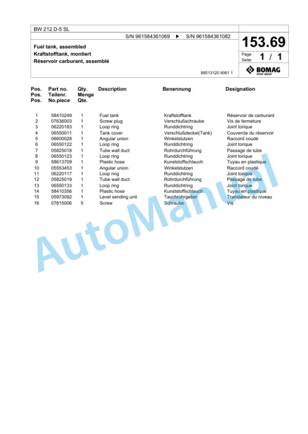 Bomag BW 212 D-5 SL Single Drum Wheel Drive Vibratory Roller Spare Parts Catalogue 00826707 5 Bomag BW 212 D-5 SL Single Drum Wheel Drive Vibratory Roller Spare Parts Catalogue 00826707-5