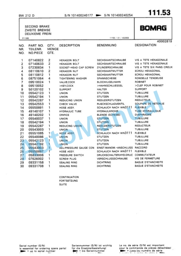 Bomag BW 212 D Single Drum Wheel Drive Vibratory Roller Spare Parts Catalogue 00810135 4 Bomag BW 212 D Single Drum Wheel Drive Vibratory Roller Spare Parts Catalogue 00810135-4
