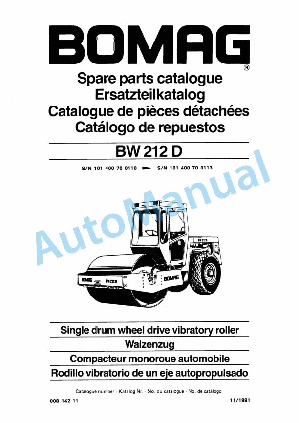Bomag BW 212 D Single Drum Wheel Drive Vibratory Roller Spare Parts Catalogue 00814211 1 Bomag BW 212 D Single Drum Wheel Drive Vibratory Roller Spare Parts Catalogue 00814211