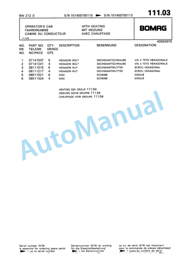 Bomag BW 212 D Single Drum Wheel Drive Vibratory Roller Spare Parts Catalogue 00814211 4 Bomag BW 212 D Single Drum Wheel Drive Vibratory Roller Spare Parts Catalogue 00814211-4