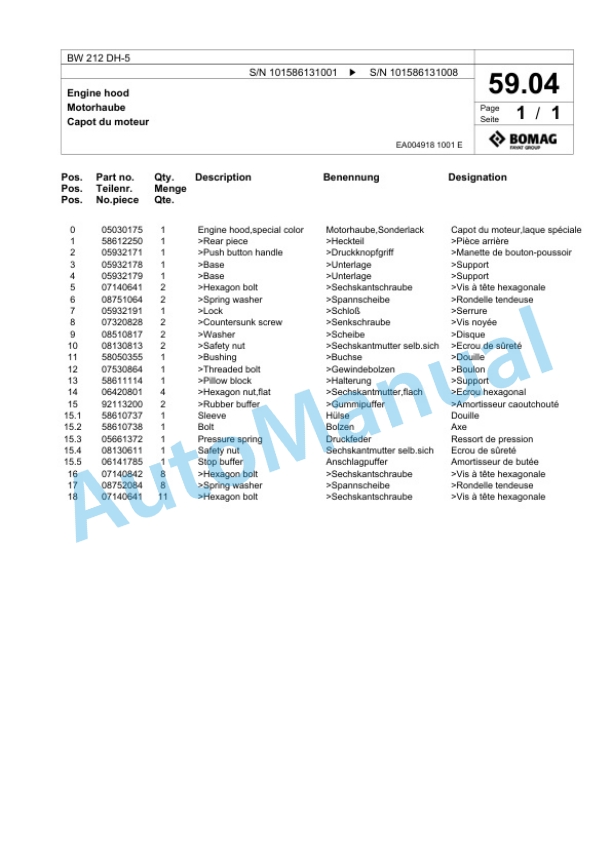 Bomag BW 212 DH-5 Single Drum Wheel Drive Vibratory Roller Spare Parts Catalogue 00824727 2 Bomag BW 212 DH-5 Single Drum Wheel Drive Vibratory Roller Spare Parts Catalogue 00824727-2