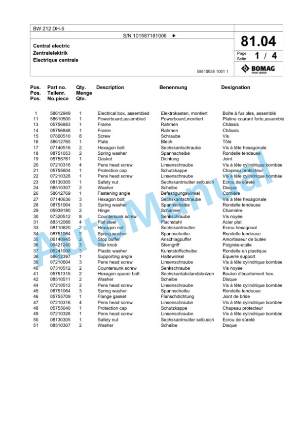 Bomag BW 212 DH-5 Single Drum Wheel Drive Vibratory Roller Spare Parts Catalogue 00826913 2 Bomag BW 212 DH-5 Single Drum Wheel Drive Vibratory Roller Spare Parts Catalogue 00826913-2