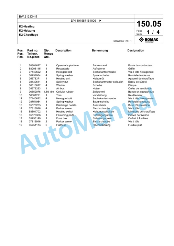 Bomag BW 212 DH-5 Single Drum Wheel Drive Vibratory Roller Spare Parts Catalogue 00826913 3 Bomag BW 212 DH-5 Single Drum Wheel Drive Vibratory Roller Spare Parts Catalogue 00826913-3