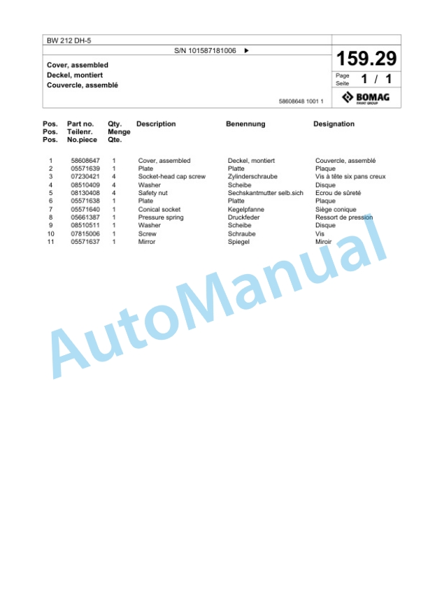 Bomag BW 212 DH-5 Single Drum Wheel Drive Vibratory Roller Spare Parts Catalogue 00826913 5 Bomag BW 212 DH-5 Single Drum Wheel Drive Vibratory Roller Spare Parts Catalogue 00826913-5