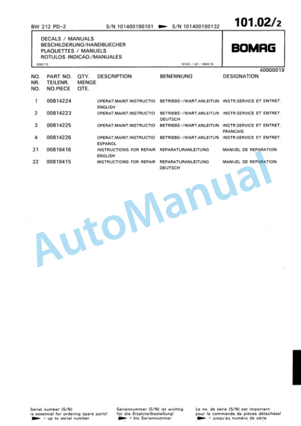 Bomag BW 212 PD-2 Single Drum Wheel Drive Vibratory Roller Spare Parts Catalogue 00810619 5 Bomag BW 212 PD-2 Single Drum Wheel Drive Vibratory Roller Spare Parts Catalogue 00810619-5