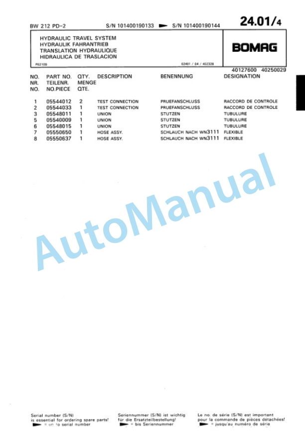 Bomag BW 212 PD-2 Single Drum Wheel Drive Vibratory Roller Spare Parts Catalogue 00811619 2 Bomag BW 212 PD-2 Single Drum Wheel Drive Vibratory Roller Spare Parts Catalogue 00811619-2