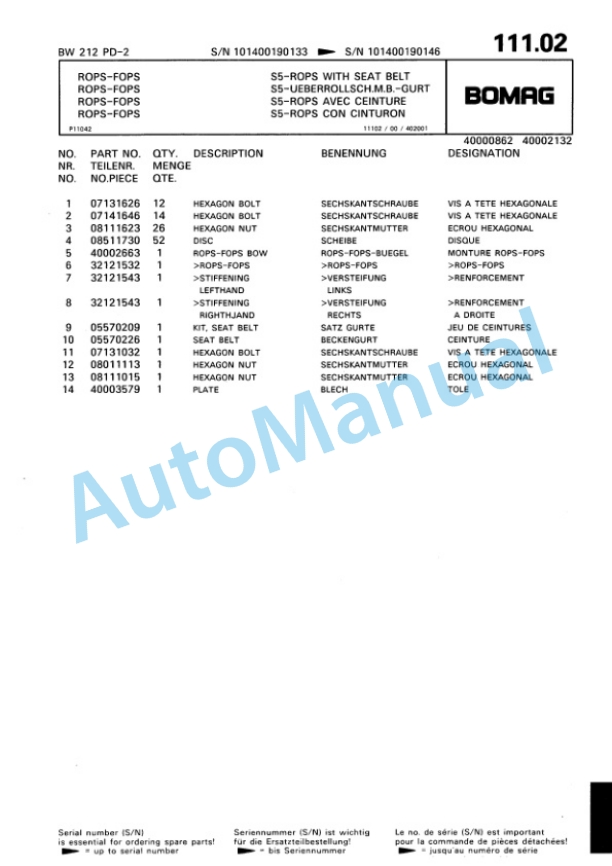 Bomag BW 212 PD-2 Single Drum Wheel Drive Vibratory Roller Spare Parts Catalogue 00811619 5 Bomag BW 212 PD-2 Single Drum Wheel Drive Vibratory Roller Spare Parts Catalogue 00811619-5