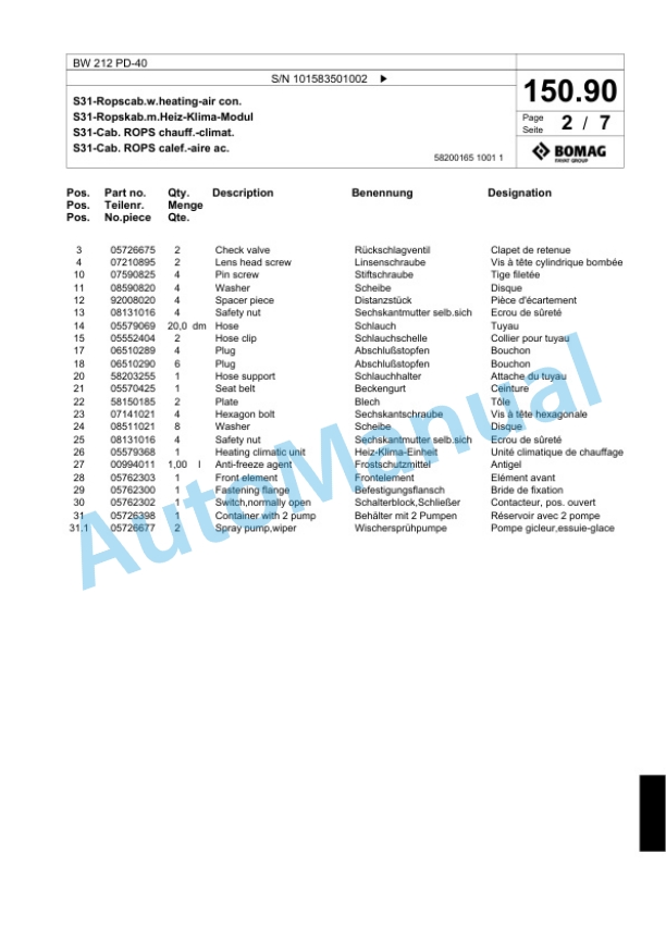 Bomag BW 212 PD-40 Single Drum Wheel Drive Vibratory Roller Spare Parts Catalogue 00818883 4 Bomag BW 212 PD-40 Single Drum Wheel Drive Vibratory Roller Spare Parts Catalogue 00818883-4