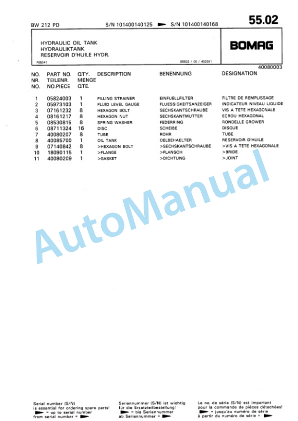 Bomag BW 212 PD Single Drum Wheel Drive Vibratory Roller Spare Parts Catalogue 00810036 3 Bomag BW 212 PD Single Drum Wheel Drive Vibratory Roller Spare Parts Catalogue 00810036-3