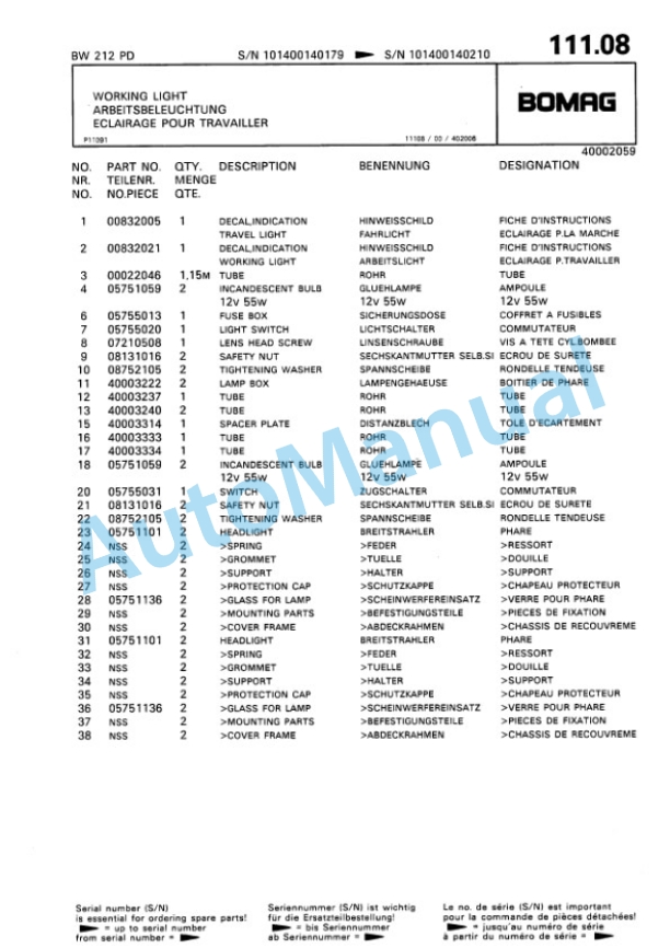 Bomag BW 212 PD Single Drum Wheel Drive Vibratory Roller Spare Parts Catalogue 00810036 4 Bomag BW 212 PD Single Drum Wheel Drive Vibratory Roller Spare Parts Catalogue 00810036-4