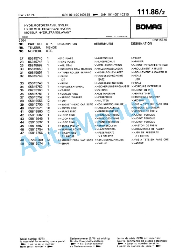 Bomag BW 212 PD Single Drum Wheel Drive Vibratory Roller Spare Parts Catalogue 00810036 5 Bomag BW 212 PD Single Drum Wheel Drive Vibratory Roller Spare Parts Catalogue 00810036-5