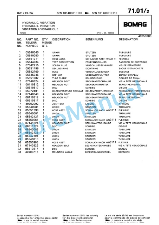 Bomag BW 213 2 Ampl Single Drum Wheel Drive Vibratory Roller Spare Parts Catalogue 00810057 5 Bomag BW 213 2 Ampl Single Drum Wheel Drive Vibratory Roller Spare Parts Catalogue 00810057-5