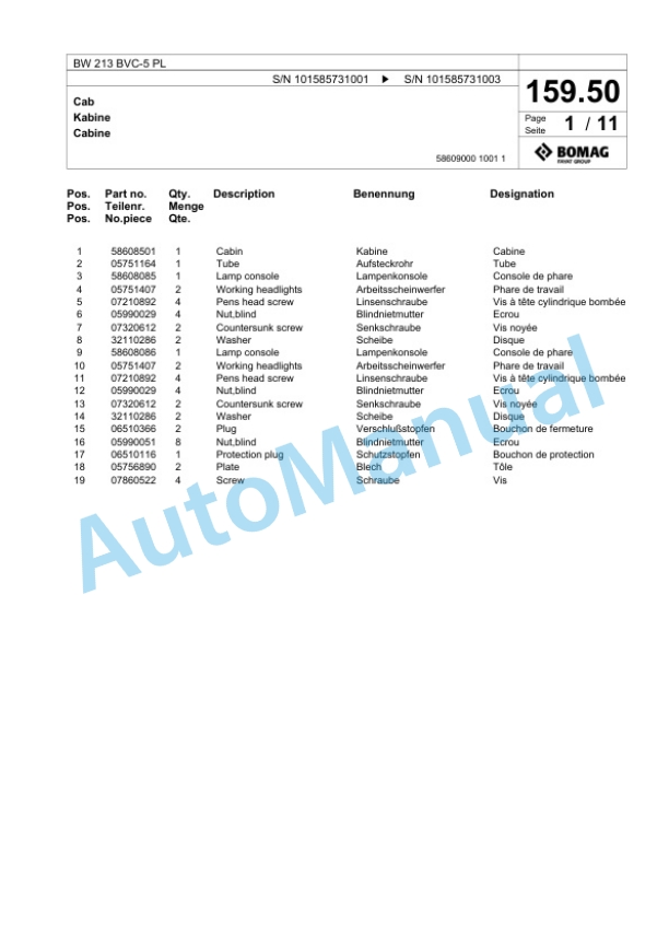 Bomag BW 213 BVC-5 PL Single Drum Wheel Drive Vibratory Roller Spare Parts Catalogue 00827111 5 Bomag BW 213 BVC-5 PL Single Drum Wheel Drive Vibratory Roller Spare Parts Catalogue 00827111-5