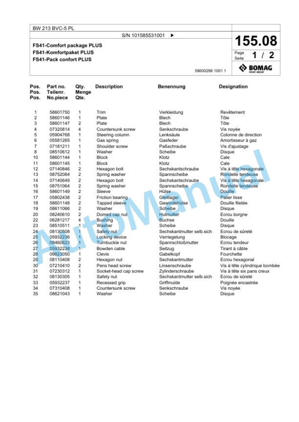 Bomag BW 213 BVC-5 PL Single Drum Wheel Drive Vibratory Roller Spare Parts Catalogue 00827273 5 Bomag BW 213 BVC-5 PL Single Drum Wheel Drive Vibratory Roller Spare Parts Catalogue 00827273-5