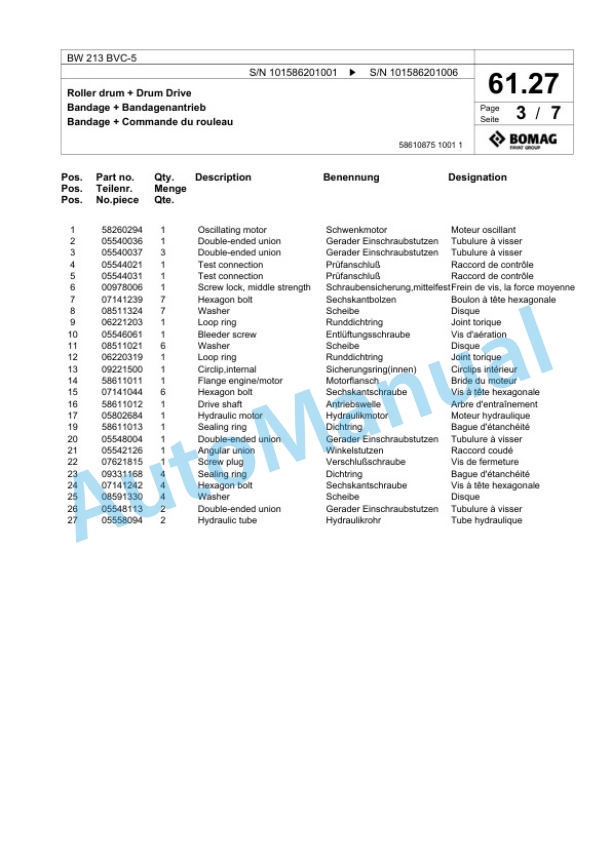 Bomag BW 213 BVC-5 Single Drum Wheel Drive Vibratory Roller Spare Parts Catalogue 00824733 2 Bomag BW 213 BVC-5 Single Drum Wheel Drive Vibratory Roller Spare Parts Catalogue 00824733-2