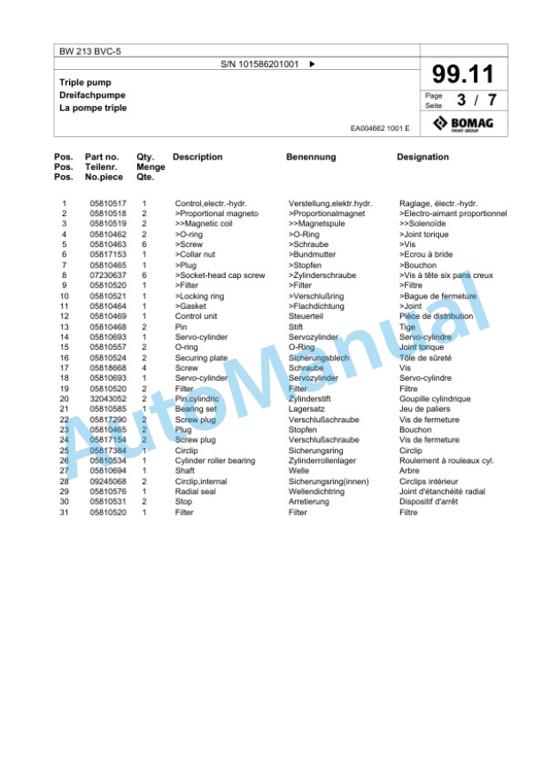 Bomag BW 213 BVC-5 Single Drum Wheel Drive Vibratory Roller Spare Parts Catalogue 00824733 3 Bomag BW 213 BVC-5 Single Drum Wheel Drive Vibratory Roller Spare Parts Catalogue 00824733-3