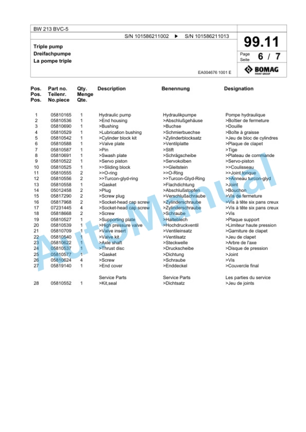 Bomag BW 213 BVC-5 Single Drum Wheel Drive Vibratory Roller Spare Parts Catalogue 00824867 3 Bomag BW 213 BVC-5 Single Drum Wheel Drive Vibratory Roller Spare Parts Catalogue 00824867-3