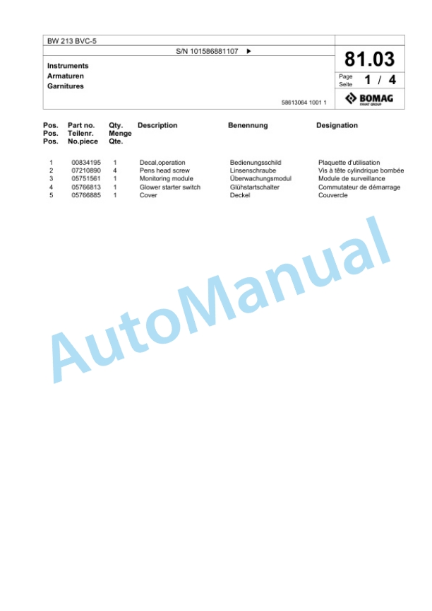 Bomag BW 213 BVC-5 Single Drum Wheel Drive Vibratory Roller Spare Parts Catalogue 00825987 2 Bomag BW 213 BVC-5 Single Drum Wheel Drive Vibratory Roller Spare Parts Catalogue 00825987-2