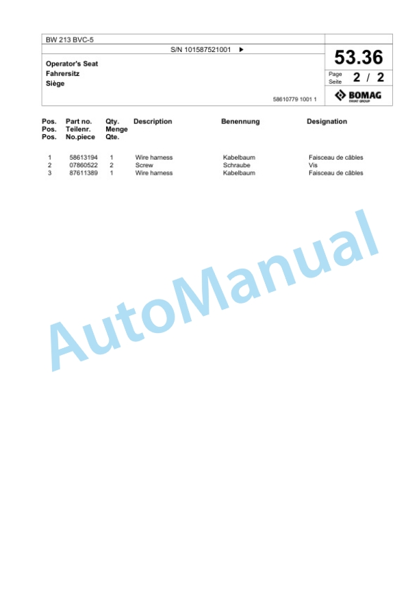 Bomag BW 213 BVC-5 Single Drum Wheel Drive Vibratory Roller Spare Parts Catalogue 00826281 2 Bomag BW 213 BVC-5 Single Drum Wheel Drive Vibratory Roller Spare Parts Catalogue 00826281-2