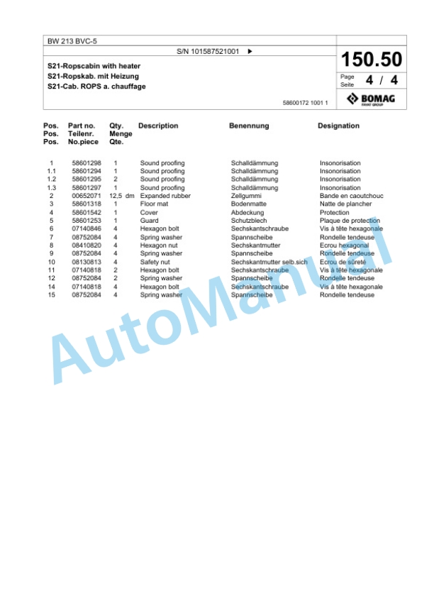 Bomag BW 213 BVC-5 Single Drum Wheel Drive Vibratory Roller Spare Parts Catalogue 00826281 5 Bomag BW 213 BVC-5 Single Drum Wheel Drive Vibratory Roller Spare Parts Catalogue 00826281-5