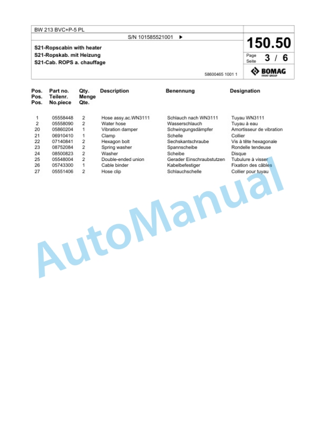 Bomag BW 213 BVC Plus P-5 PL Single Drum Wheel Drive Vibratory Roller Spare Parts Catalogue 00827271 4 Bomag BW 213 BVC Plus P-5 PL Single Drum Wheel Drive Vibratory Roller Spare Parts Catalogue 00827271-4