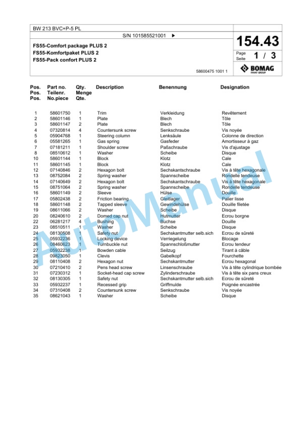 Bomag BW 213 BVC Plus P-5 PL Single Drum Wheel Drive Vibratory Roller Spare Parts Catalogue 00827271 5 Bomag BW 213 BVC Plus P-5 PL Single Drum Wheel Drive Vibratory Roller Spare Parts Catalogue 00827271-5